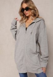 Szara Bluza Oversize z Kapturem i Zapięciem na Suwak Bilende. Szare bluzy damskie Renee, xl, bez wzorów, z jeansu, bez ramiączek, z kapturem. Za 69.99 zł.