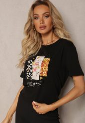Czarny T-shirt z Bawełny Ozdobiony Nadrukiem na Przodzie Katrielle. Czarne t-shirty damskie Renee, m, bez wzorów, z bawełny, bez kołnierzyka, bez ramiączek. Za 39.99 zł.