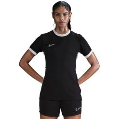 Koszulka damska Nike Dri-Fit Academy 25 SS. Czarne bluzki damskie Nike, bez wzorów, z materiału, sportowe, bez kołnierzyka, bez ramiączek. Za 76.99 zł.