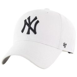 Czapka z daszkiem dla dorosłych MLB New York Yankees Cap. Białe czapki damskie 47 Brand, na lato, bez wzorów, z materiału, sportowe. Za 99.99 zł.
