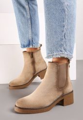 Beżowe Botki Typu Sztyblety z Ekozamszu na Obcasie Ellavia. Brązowe botki damskie Renee, bez wzorów, z jeansu, eleganckie, bez obcasa, na obcasie, bez zapięcia. Za 159.99 zł.