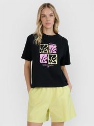 4F T-shirt oversize z nadrukiem damski - czarny XS. Czarne koszulki sportowe damskie 4F, s, bez wzorów, z bawełny, bez ramiączek. W wyprzedaży za 39.99 zł.