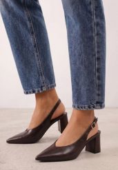 Brązowe Klasyczne Czółenka Slingback na Słupku ze Szpiczastym Noskiem Dolmisa. Brązowe czółenka damskie Renee, bez wzorów, z satyny, eleganckie, ze szpiczastym noskiem, bez obcasa, na obcasie, bez zapięcia. Za 119.99 zł.