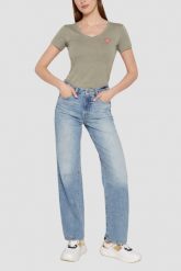 GUESS Zielony damski t-shirt Mini Triangle, Rozmiar L. Zielone t-shirty damskie Guess, l, z aplikacjami, bez kołnierzyka, bez ramiączek. W wyprzedaży za 62.99 zł.