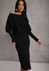 Czarna Nietoperzowa Sukienka z Dzianiny z Wiskozą z Dekoltem w Łódkę Yuzoma. Czarne sukienki damskie Renee, m, bez wzorów, z dzianiny, bez kołnierzyka, bez ramiączek, maxi, oversize. Za 169.99 zł.