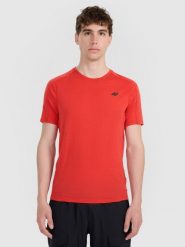 4F Koszulka trekkingowa z wełną merino męska - czerwona L. Czerwone t-shirty męskie 4F, l, bez wzorów, z materiału, bez kołnierzyka, bez ramiączek. Za 199.99 zł.