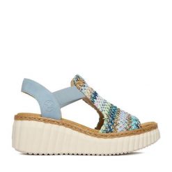 Sandały Rieker. Niebieskie sandały damskie Rieker, bez wzorów, bez obcasa, na koturnie, bez zapięcia. Za 329.99 zł.