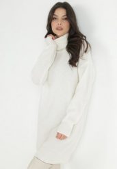 Biała Sukienka Wełniana Oversize z Golfem Heire. Białe sukienki damskie Born2be, na co dzień, m, bez wzorów, z wełny, eleganckie, bez kołnierzyka, bez ramiączek, mini, kopertowe. Za 169.99 zł.
