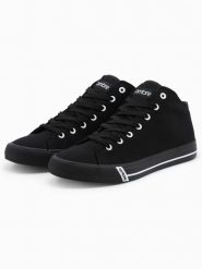 Buty męskie trampki z kontrastującymi elementami - czarne V2 - Rozmiar: 42. Czarne trampki męskie Ombre Clothing, bez wzorów, z materiału, sportowe, za kostkę, bez zapięcia. Za 299.99 zł.