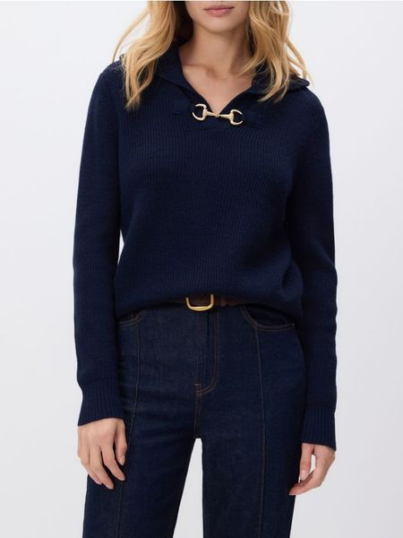 Sweter z wełną - granatowy. Niebieskie swetry nierozpinane damskie Reserved, l, bez wzorów, z dzianiny, bez kołnierzyka, bez ramiączek. Za 139.99 zł.