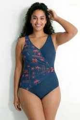 Damskie Strój kąpielowy kopertowy styl miękkie miseczki ozdobna sprzączka. Niebieskie stroje kąpielowe damskie Ulla Popken, plus size, bez wzorów, z elastanu. Za 239.99 zł.