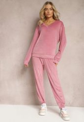 Różowy Komplet Dresowy z Weluru Luźna Bluza z Dekoltem w V i Elastyczne Spodnie z Kieszeniami Esparkia. Czerwone bluzy damskie Renee, l, bez wzorów, z dresówki, bez ramiączek, bez kaptura. Za 89.99 zł.