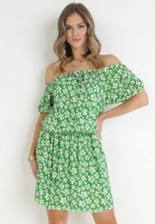 Zielona Rozkloszowana Sukienka Mini z Hiszpańskim Dekoltem i Gumką w Talii z Wiskozy Jassinta. Zielone sukienki damskie Born2be, na co dzień, l, bez wzorów, z wiskozy, bez kołnierzyka, bez ramiączek, mini, rozkloszowane. Za 34.99 zł.