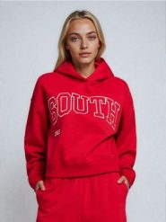 Bluza hoodie z nadrukiem - czerwony. Czerwone bluzy damskie Sinsay, l, bez wzorów, bez ramiączek, bez kaptura. Za 49.99 zł.