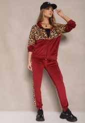 Bordowy Komplet Dresowy z Weluru z Panterką Bluza i Spodnie Koriviella. Czerwone bluzy damskie Renee, m, z aplikacjami, z dresówki, bez ramiączek, bez kaptura. Za 69.99 zł.