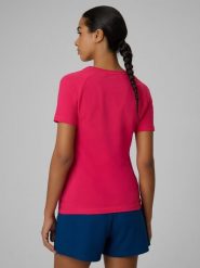 4F T-shirt slim z nadrukiem damski - różowy L. Czerwone t-shirty damskie 4F, l, bez wzorów, z materiału, bez kołnierzyka, bez ramiączek. Za 59.99 zł.