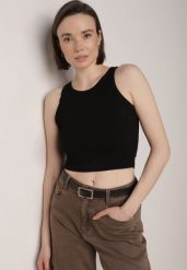 Czarny Top z Prążkowanego Materiału Zitessa. Czarne topy damskie Born2be, m, bez wzorów, z jeansu, eleganckie, bez kołnierzyka, bez ramiączek. Za 39.99 zł.