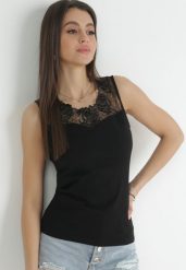 Czarny Top Bawełniany z Ozdobną Koronką Sheva. Czarne topy damskie Born2be, l, bez wzorów, z bawełny, biznesowe, bez kołnierzyka, bez ramiączek. Za 19.99 zł.