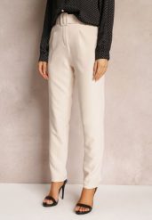 Beżowe Spodnie Garniturowe High Waist z Paskiem Wenus. Brązowe spodnie materiałowe damskie Renee, bez wzorów, z jeansu, biznesowe, z podwyższonym stanem. Za 79.99 zł.