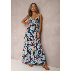 Granatowa Sukienka Kydatea. Niebieskie sukienki damskie Renee, s, bez wzorów, z tkaniny, wakacyjne, bez kołnierzyka, bez ramiączek, maxi, rozkloszowane. Za 59.99 zł.