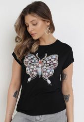 Czarny T-shirt Pallekaia. Czarne t-shirty damskie Born2be, s, z aplikacjami, z bawełny, klasyczne, bez kołnierzyka, bez ramiączek. Za 44.99 zł.