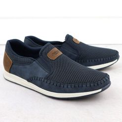 Półbuty męskie komfortowe mokasyny granatowe Rieker 11954-14. Półbuty męskie Rieker, z aplikacjami, ze skóry ekologicznej, bez obcasa, bez zapięcia. Za 329.00 zł.