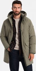 Kurtka męska Ombre Klasyczna męska długa kurtka typu parka oliwkowa V3 OM-JALJ-0166 XXL. Zielone kurtki męskie Ombre, m, bez wzorów, klasyczne, bez kaptura. Za 269.99 zł.