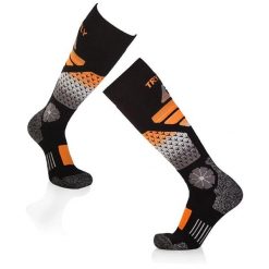 Skarpety narciarskie z wełny merynosów 3/4 długości, czarno-pomarańczowe. Brązowe rękawiczki damskie TRY TO FLY, bez wzorów, z wełny. W wyprzedaży za 117.72 zł.