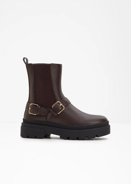 Sztyblety. Brązowe botki damskie bonprix, bez wzorów, bez obcasa, bez zapięcia. Za 189.99 zł.
