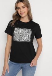 Czarny T-shirt z Bawełny o Kroju Oversize z Nadrukiem z Zebrą Naliviel. Czarne t-shirty damskie Born2be, m, bez wzorów, z bawełny, eleganckie, bez kołnierzyka, bez ramiączek. Za 34.99 zł.