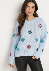 Jasnoniebieski Sweter z Tłoczonej Dzianiny z Wiskozą Zdobiony Cekinowymi Kwiatami Edamara. Niebieskie swetry nierozpinane damskie Born2be, l, z aplikacjami, z dzianiny, klasyczne, bez kołnierzyka, bez ramiączek. Za 89.99 zł.
