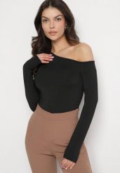 Czarna Asymetryczna Bluzka z Wiskozą Tatireth. Czarne bluzki damskie Born2be, l, bez wzorów, z jeansu, eleganckie, z asymetrycznym kołnierzem, bez ramiączek. Za 84.99 zł.