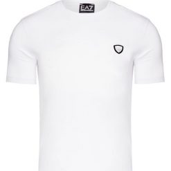T-shirt EA7 EMPORIO ARMANI. Białe t-shirty męskie EA7 Emporio Armani, z aplikacjami, z bawełny, bez kołnierzyka, bez ramiączek. Za 279.00 zł.