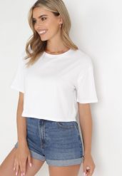 Biały Krótki T-shirt Oversize Lilu. Białe t-shirty damskie Born2be, l, bez wzorów, z bawełny, eleganckie, bez kołnierzyka, bez ramiączek. Za 29.99 zł.