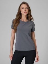 4F T-shirt slim gładki damski - szary S. Szare t-shirty damskie 4F, s, bez wzorów, z dzianiny, klasyczne, bez kołnierzyka, bez ramiączek. Za 49.99 zł.