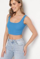 Niebieski Top z Bawełny o Krótkim Kroju Nusoviel. Niebieskie topy damskie Born2be, l, z aplikacjami, z bawełny, bez kołnierzyka, bez ramiączek. Za 19.99 zł.