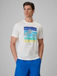 4F T-shirt regular z nadrukiem męski - kremowy XL. Białe t-shirty męskie 4F, m, bez wzorów, z bawełny, bez kołnierzyka, bez ramiączek. W wyprzedaży za 49.99 zł.