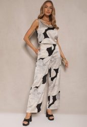 Beżowe Spodnie z Wiskozą High Waist Ozdobione Geometrycznym Wzorem Katiliana. Brązowe spodnie materiałowe damskie Renee, bez wzorów, z jeansu, eleganckie, z podwyższonym stanem. Za 79.99 zł.