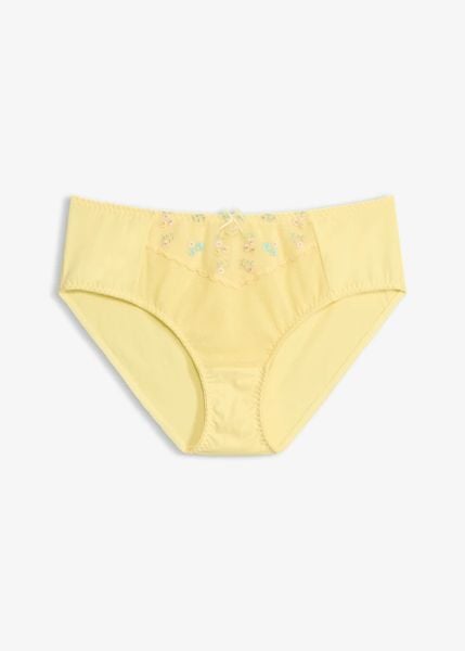 Figi maxi z delikatnym haftem. Żółte majtki damskie bonprix. Za 44.99 zł.