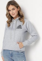 Jasnoszara Bluza z Kapturem i Nadrukiem Masunes. Szare bluzy damskie Born2be, l, bez wzorów, z polaru, casualowe, bez ramiączek, z kapturem. Za 84.99 zł.