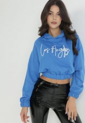 Niebieska Bluza Krótka z Kapturem Lamaara. Niebieskie bluzy damskie Born2be, xl, bez wzorów, z bawełny, casualowe, bez ramiączek, z kapturem. Za 44.99 zł.