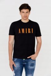 AMIRI T-shirt męski czarny z pomarańczowym logo. Czarne t-shirty męskie Amiri, m, bez wzorów, bez kołnierzyka, bez ramiączek. W wyprzedaży za 999.99 zł.