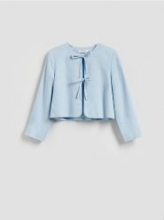 Marynarka z lnem i wiskozą - jasnoniebieski. Niebieskie marynarki i żakiety damskie Reserved, bez wzorów, z tkaniny, bez kołnierzyka, bez ramiączek. Za 159.99 zł.