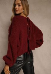 Bordowy Kardigan z Wełną o Kroju Oversize z Wiązanymi Kokardami Elearina. Czerwone kardigany damskie Renee, bez wzorów, z jeansu, eleganckie, bez kołnierzyka. Za 149.99 zł.