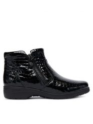 Caprice Botki 9-25460-45 Czarny. Czarne botki damskie Caprice, bez wzorów, z lakierowanej skóry, bez obcasa, na płaskiej podeszwie, bez zapięcia. Za 489.99 zł.