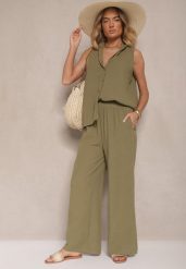 Ciemnozielony Komplet Koszula na Guziki bez Rękawów i Szerokie Spodnie Telaritia. Zielone koszule damskie Renee, xl, bez wzorów, eleganckie, bez kołnierzyka, bez ramiączek. Za 69.99 zł.