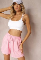 Różowe Dresowe Szorty High Waist z Gumką w Talii Narefia. Czerwone szorty damskie Renee, w ażurowe wzory, z dresówki, eleganckie, z podwyższonym stanem. Za 24.99 zł.