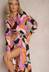 Czarno-Różowa Rozkloszowana Sukienka Midi z Kopertowym Dekoltem z Paskiem i Abstrakcyjnym Wzorem Orabella. Czarne sukienki damskie Renee, l, bez wzorów, eleganckie, bez kołnierzyka, bez ramiączek, midi, kopertowe. Za 149.99 zł.