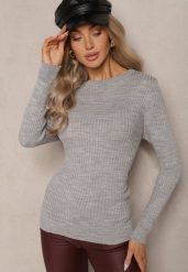 Szary Casualowy Sweter z Prążkowanego Materiału Zintra. Szare swetry nierozpinane damskie Renee, m, bez wzorów, z jeansu, casualowe, bez kołnierzyka, bez ramiączek. Za 69.99 zł.