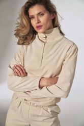 Sztruksowa Bluza na Stójce - Beżowa. Brązowe bluzy damskie Figl, l, bez wzorów, z elastanu, bez ramiączek, bez kaptura. Za 229.00 zł.